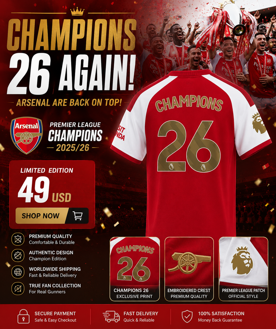 Arsenal Premier League Champions Home Football Shirt