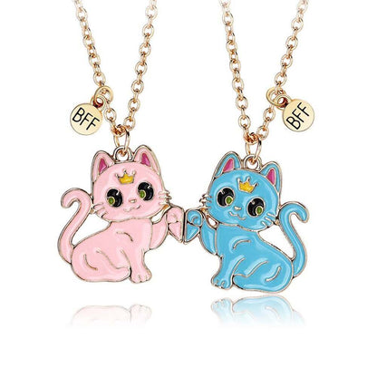 Cute Cartoon Magnetic Cat Necklace Set for Best Friends - 3 Color Options (BW, PB, PP)