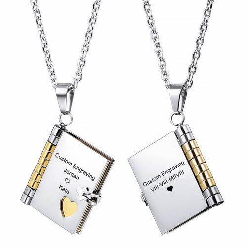 Personalized Book Locket Necklace with Customized Engraving Text
