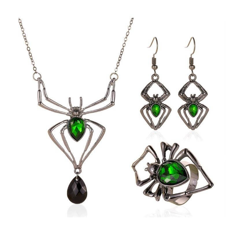 スパイダーネックレス ピアス 指輪 レトロ エメラルド セット