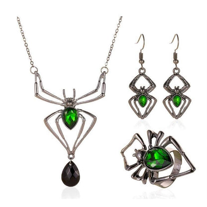 スパイダーネックレス ピアス 指輪 レトロ エメラルド セット