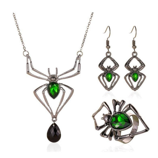 スパイダーネックレス ピアス 指輪 レトロ エメラルド セット