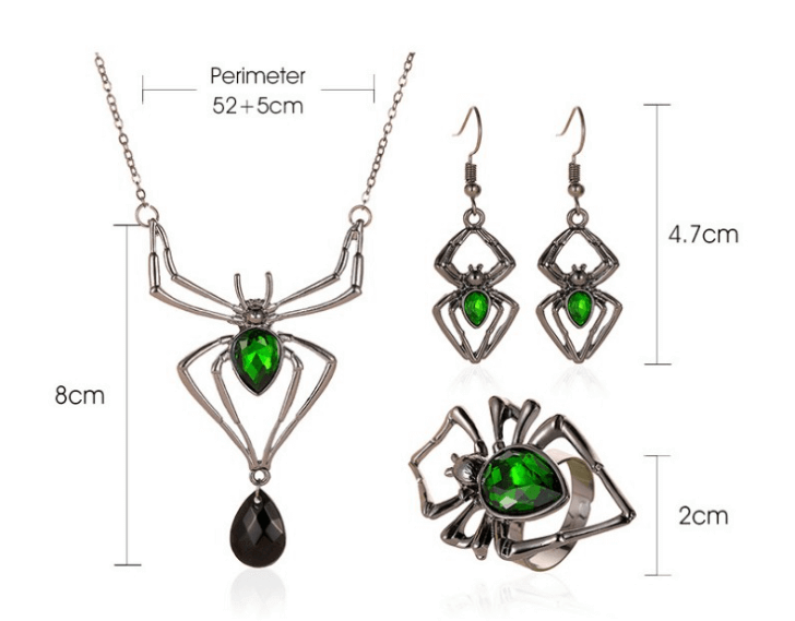 スパイダーネックレス ピアス 指輪 レトロ エメラルド セット